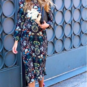 ZARA Navy Printed Floral Maxi Dress Long Sleeves